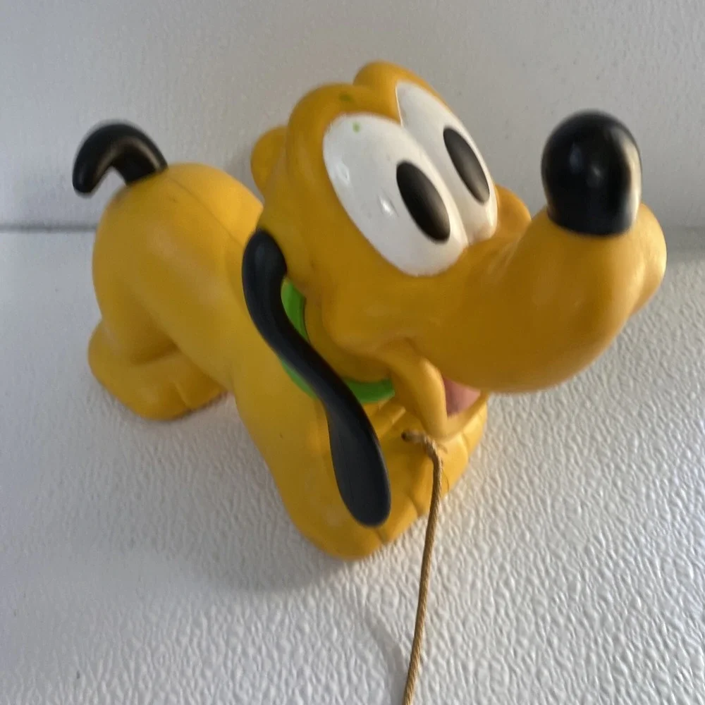 Vintage Disney Pluto Pull Toy Yellow Plastic Rolling Dog Mickey Mouse Friends